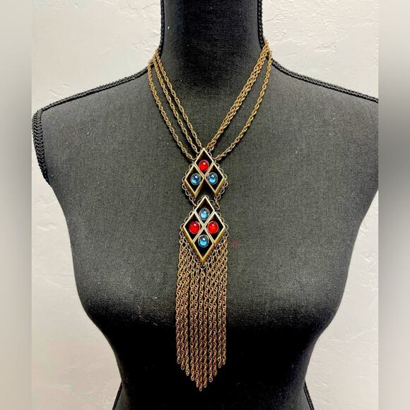 Vintage German Blue & Red Brass Tone Tassel Chain Statement Unique Rare Necklace - Picture 1 of 6